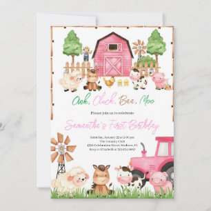 Pink Farm Animals Birthday Party Invitation
