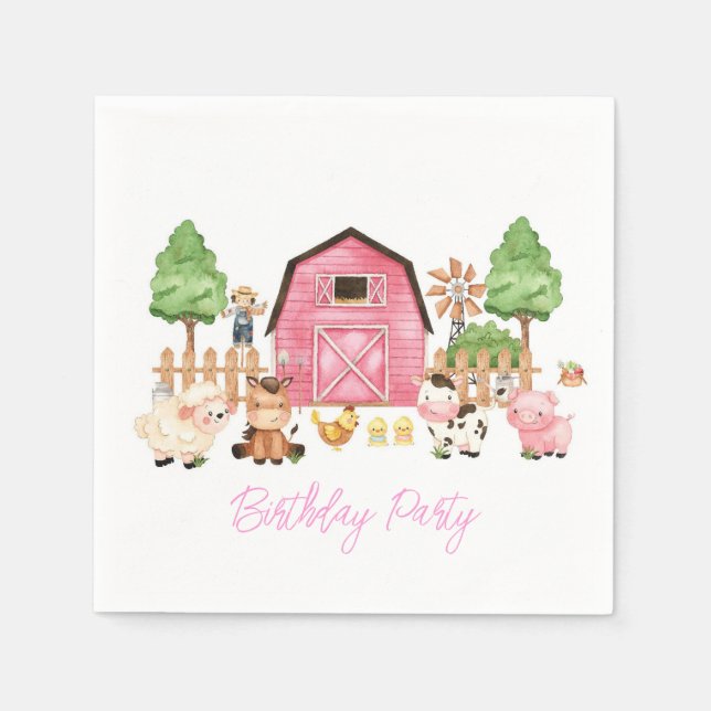 Pink Farm Animals Birthday Party Napkin (Front)