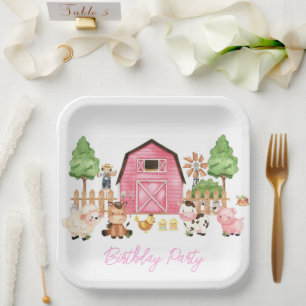 Pink Farm Animals Birthday Party Paper Plate
