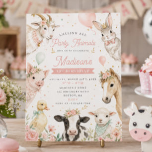 Pink Farm Animals First Birthday Party Invitation