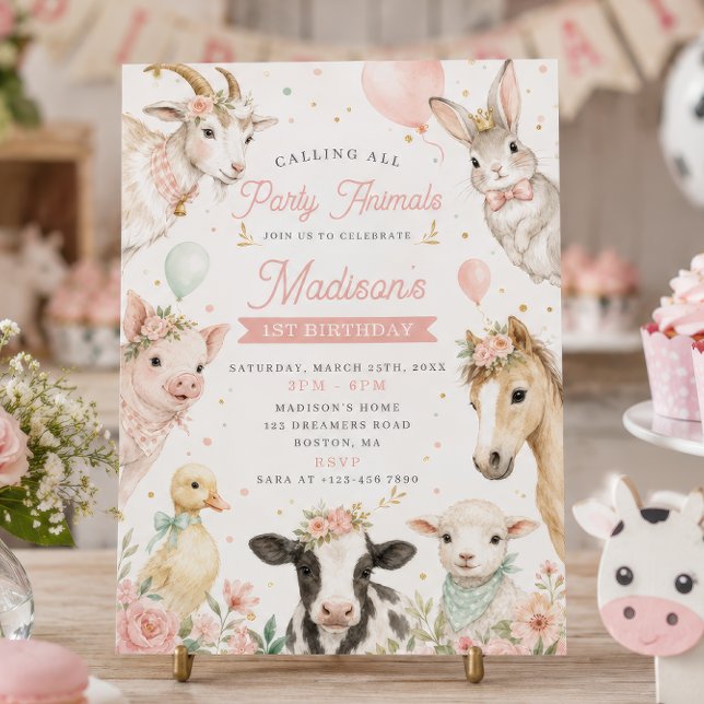 Pink Farm Animals First Birthday Party Invitation (Creator Uploaded)