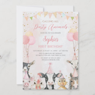 Pink Farm Animals Girl 1st Birthday Invitation