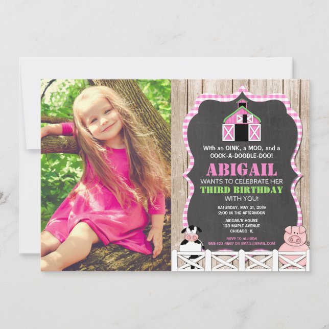 Pink farm animals girl birthday photo invitation (Front)