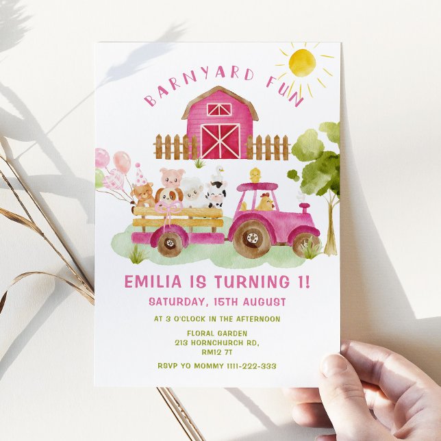 Pink Farm animals girl first birthday party Invitation (Creator Uploaded)