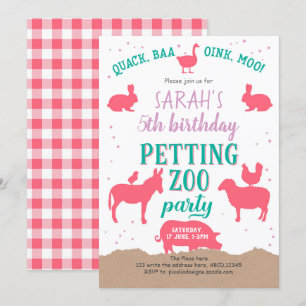 Pink, Farm Animals, Girl, Petting Zoo Birthday Invitation