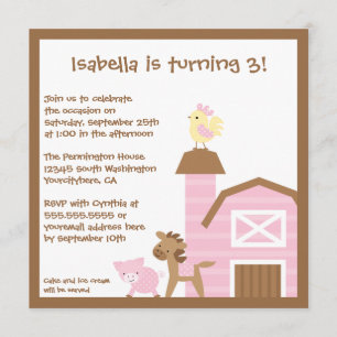 Pink farm animals girl's birthday party invitation