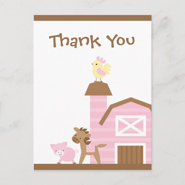 Pink farm animals girl's thank you post card (Front)