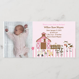 Pink Farm Animals Photo Birth Announcement 8x4