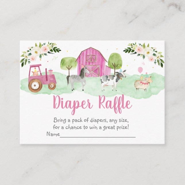 Pink Farm Baby Shower Diaper Raffle Cards (Front)