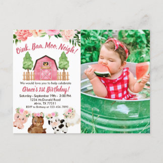 Pink Farm/Barn 1st Birthday Photo Invitation Postcard