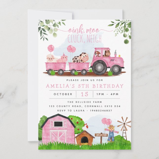 Pink Farm Barnyard Animals Birthday Invitation (Front)