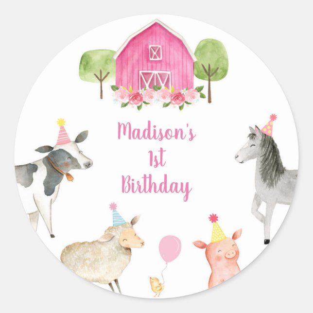 Pink Farm Barnyard Birthday Classic Round Sticker (Front)