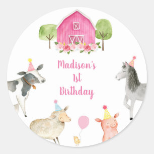 Pink Farm Barnyard Birthday Classic Round Sticker