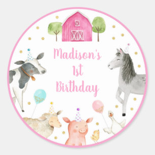 Pink Farm Barnyard Birthday Classic Round Sticker