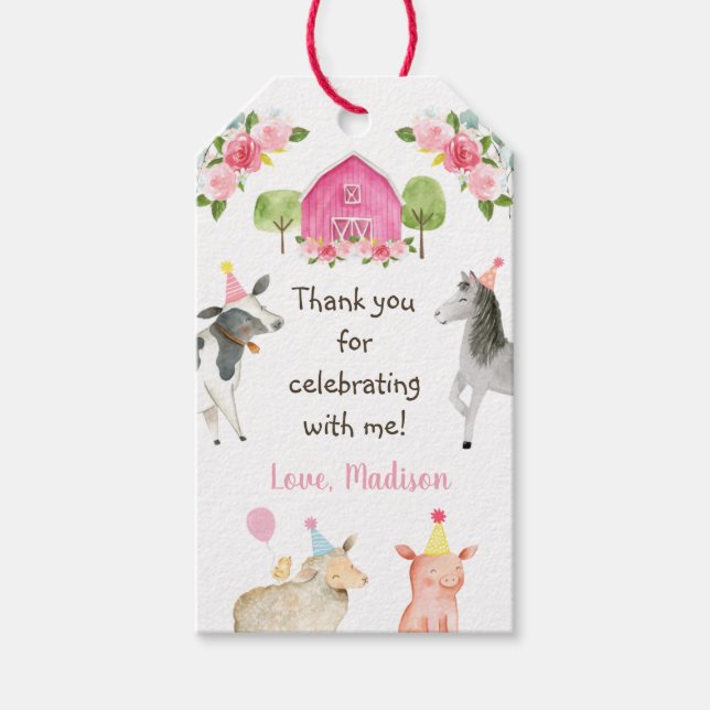 Pink Farm Barnyard Birthday Gift Tags (Front)