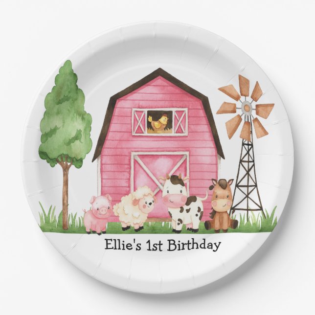 Pink Farm Barnyard Birthday Plates (Front)