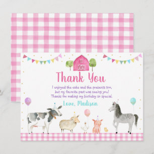 Pink Farm Barnyard Farm Animal Birthday Thank You Card