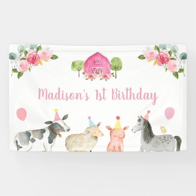 Pink Farm Barnyard Floral Birthday Banner (Horizontal)