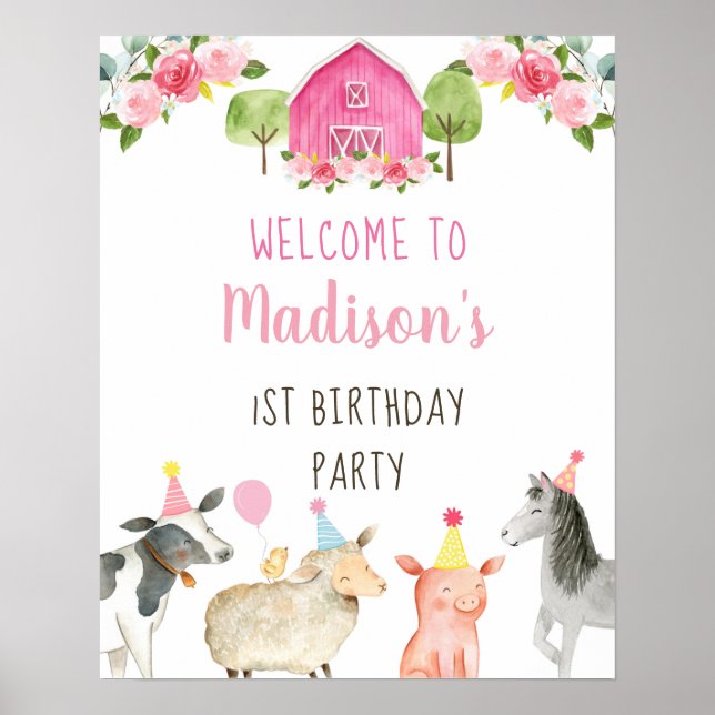 Pink Farm Barnyard Floral Birthday Welcome Poster (Front)
