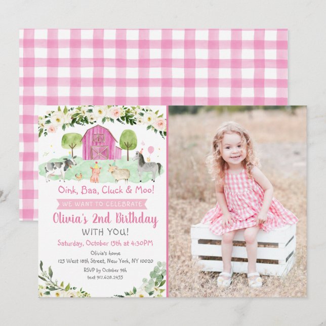 Pink Farm Birthday Invitation (Front/Back)