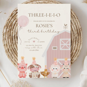 Pink Farm Birthday Invitation,Three-I-E-I-O 3rd Bi Invitation