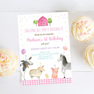 Pink Farm Birthday Party Animal Invitation