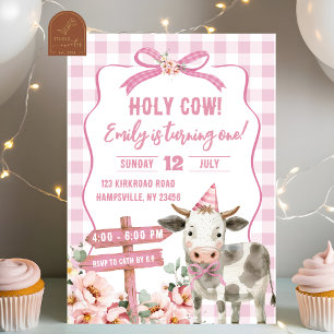 Pink Farm Cow Girl First Birthday Invitation