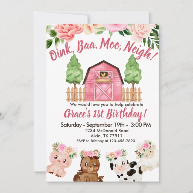 Pink Farm Floral Barnyard 1st Birthday Invitation (Front)