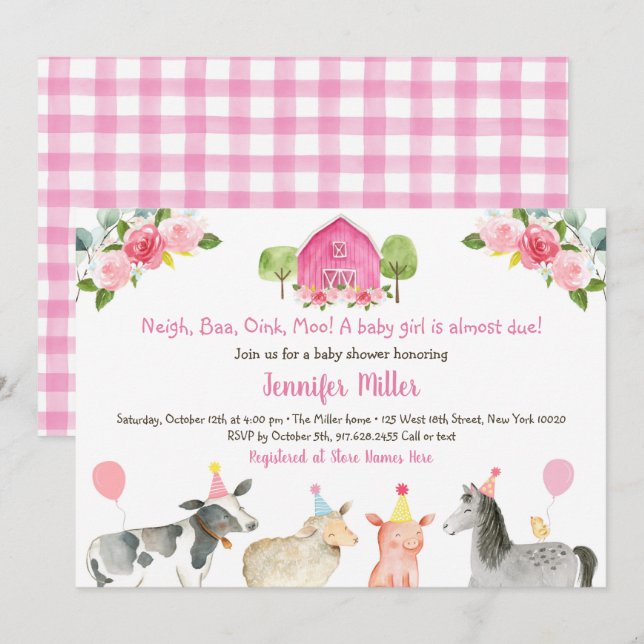 Pink Farm Floral Barnyard Baby Shower Invitation (Front/Back)