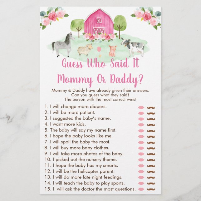 Pink Farm Floral Guess Who Said It Shower Game (Front)