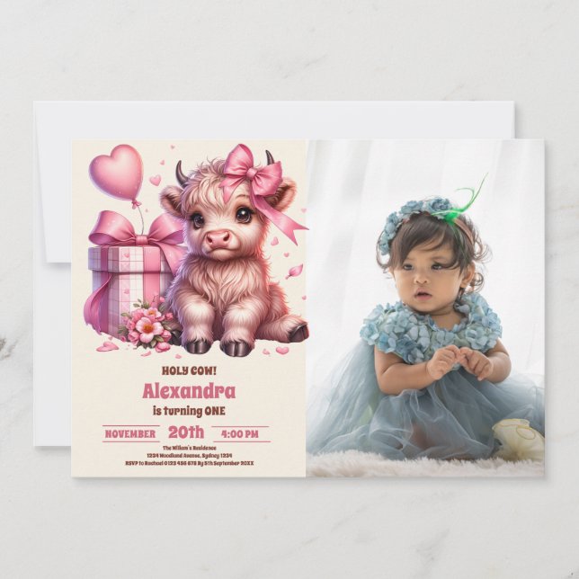 Pink Farm Holy Cow Highland 1st Birthday Photo Invitation (Front)