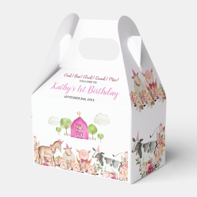 Pink Farm House Animals Barnyard 1st Birthday Favour Box (Front Side)
