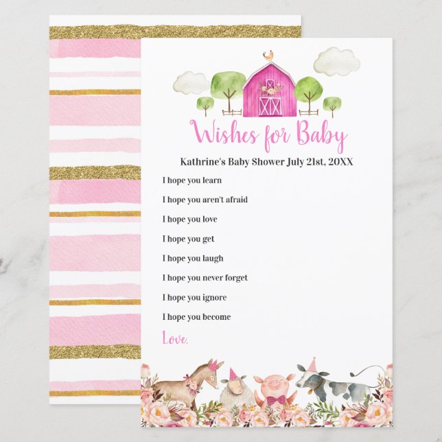 Pink Farm House Animals Barnyard Wishes for Baby (Front/Back)