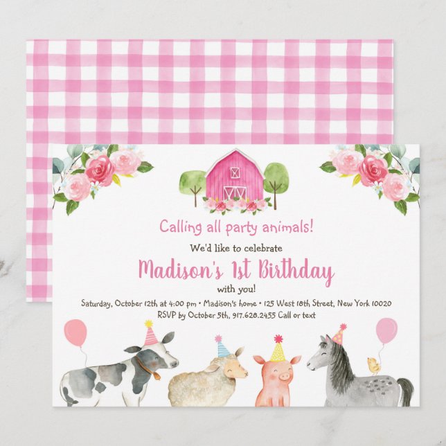 Pink Farm Party Animal Birthday Invitation (Front/Back)