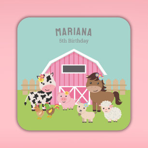 PINK FARM PARTY INVITATION SQUARE STICKER