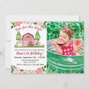 Pink Farm Photo 1st Birthday Invitation
