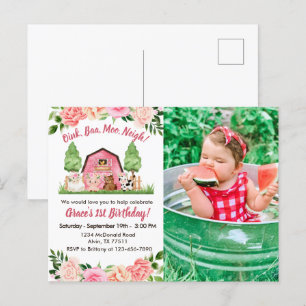 Pink Farm Photo 1st Birthday Invitation Postcard