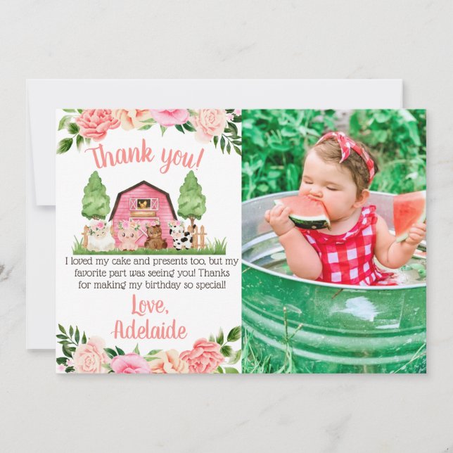 Pink Farm Photo 1st Birthday Thank You Card (Front)