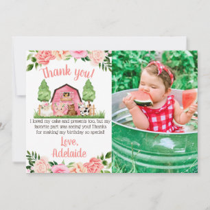 Pink Farm Photo 1st Birthday Thank You Card
