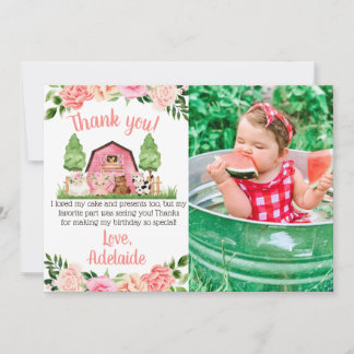 Pink Farm Photo 1st Birthday Thank You Card