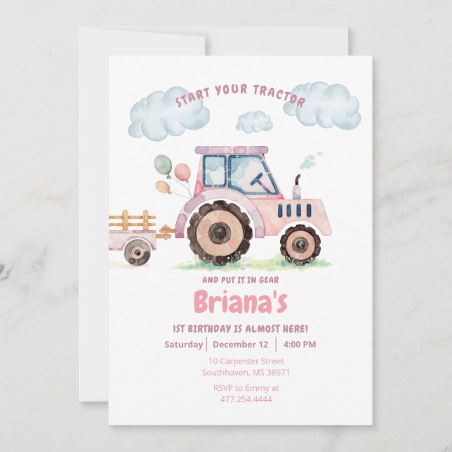 Pink Farm Tractor Girl Any Age Birthday Invitation (Front)