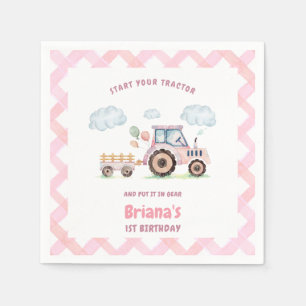 Pink Farm Tractor Girl Any Age Birthday Napkin