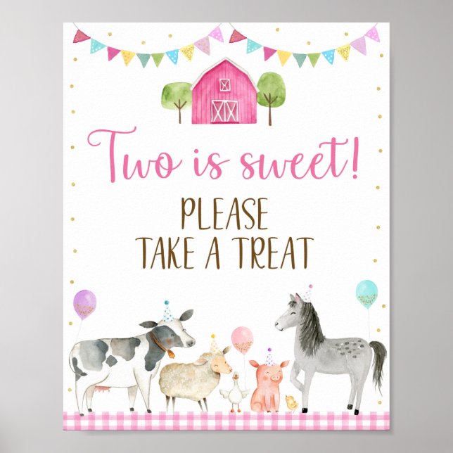 Pink Farm Two Is Sweet Birthday Treat Sign (Front)
