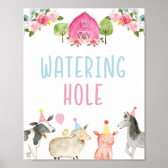 Pink Farm Watering Hole Birthday Sign (Front)