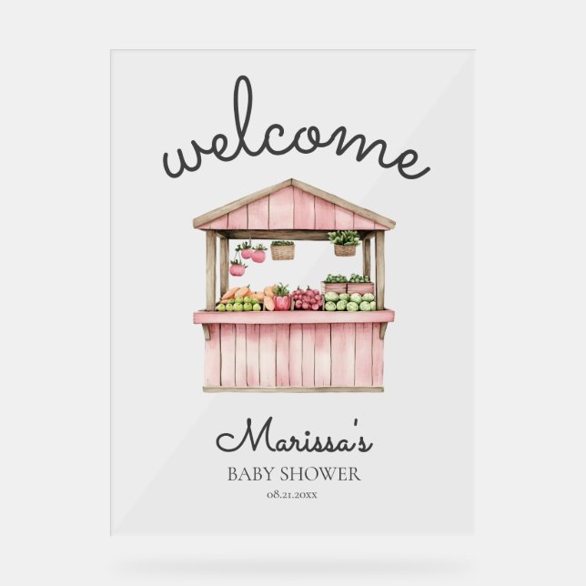 Pink Farmers Market Baby Shower Welcome Acrylic Sign (Front)