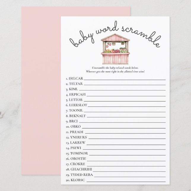 Pink Farmers Market Baby Shower Word Scramble Game (Front/Back)