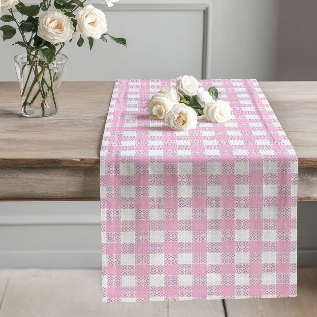 Pink Farmhouse Table Runner Soft Plaid Detailing (Pink Farmhouse Table Runner Soft Plaid Detailing)