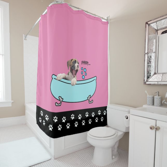 Pink Farting Boxer Dog Shower Curtain (In Situ)