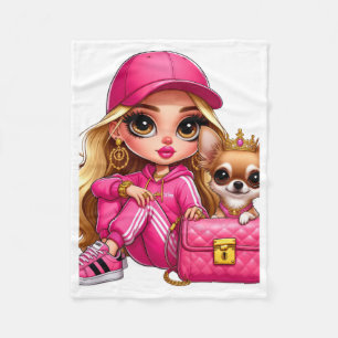 Pink Fashion Doll and Puppy Fleece Blanket