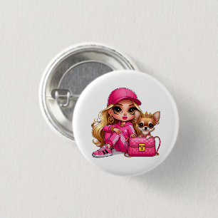 Pink Fashion Doll and Puppy Fleece Blanket 3 Cm Round Badge